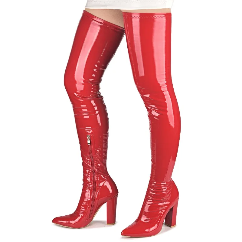 

Winter Boots Woman Pointed Toe Square Heel Side Zip Over The Knee Boots Patent Leather Solid High Heel Elastic Leg-wrapped Boots