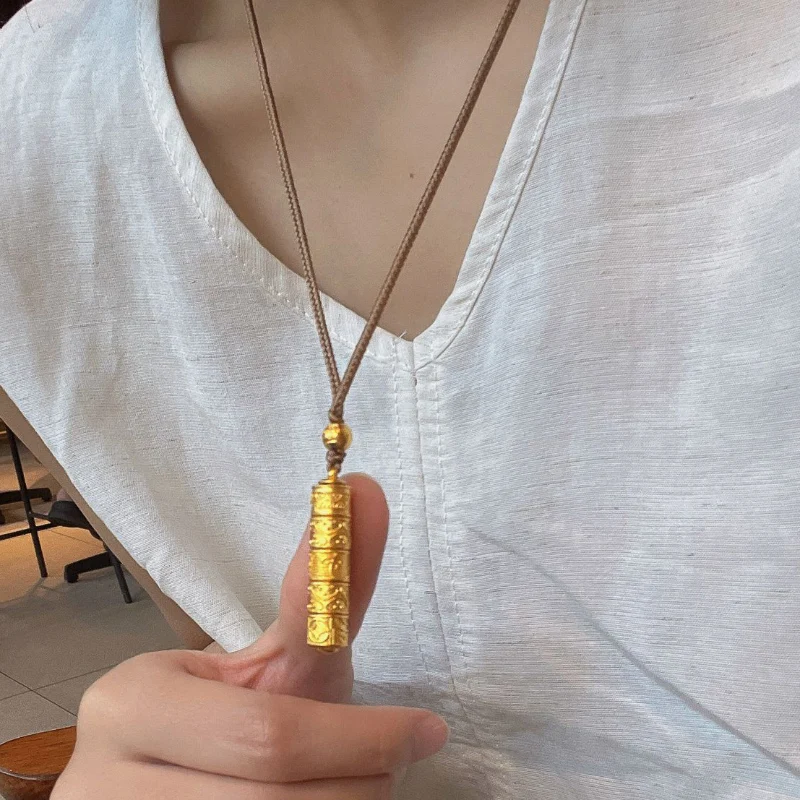 Classic Chinese style relief five section Prayer wheel pendant brown braided rope necklace sweater chain charm banquet jewelry