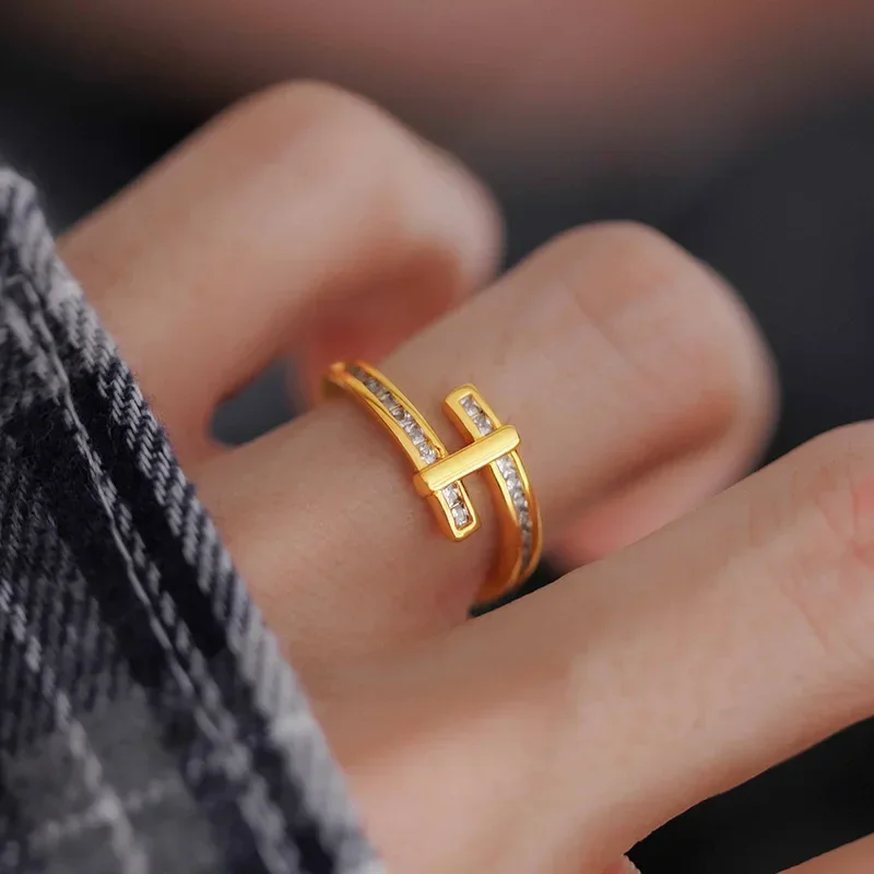 

9999 Real Gold 24K Light Luxury High-end Micro-inlaid Male and Female Couples Row Diamond Cross Ring Niche Ins Design
