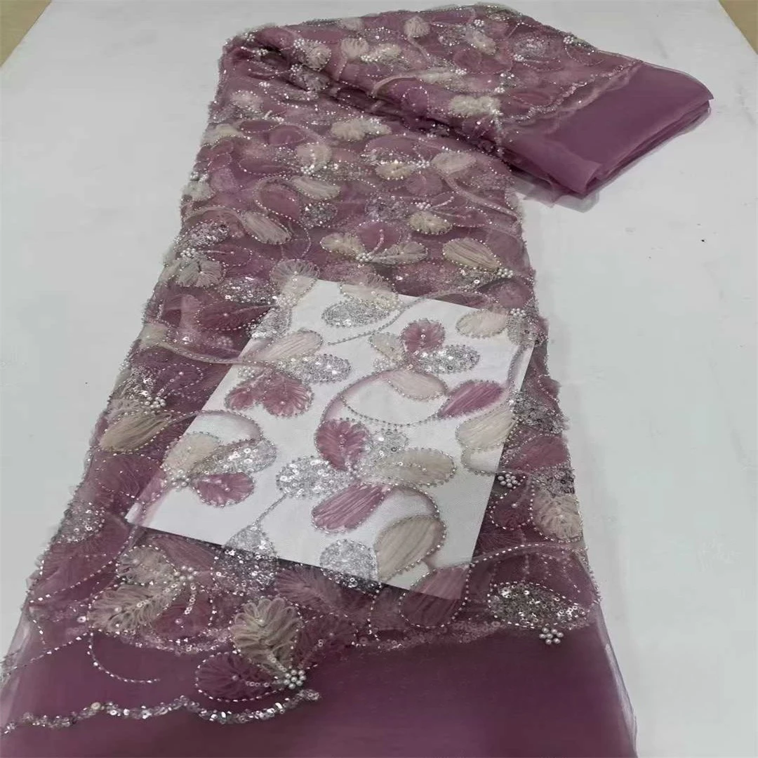 نسيج تطريز مطرز بشريط ثلاثي الأبعاد فرنسي بلونين وفستان قماش مطرز بالترتر الشبكي الأفريقي