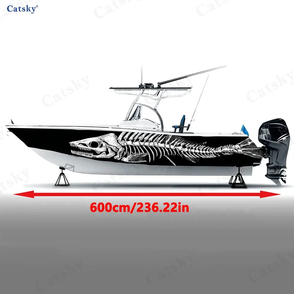 2pcs Fish Skeleton Vinyl Ship Sticker Protective Film, Durable Fishing Boat Stickers, Irregular Graphics Of Marine Grade