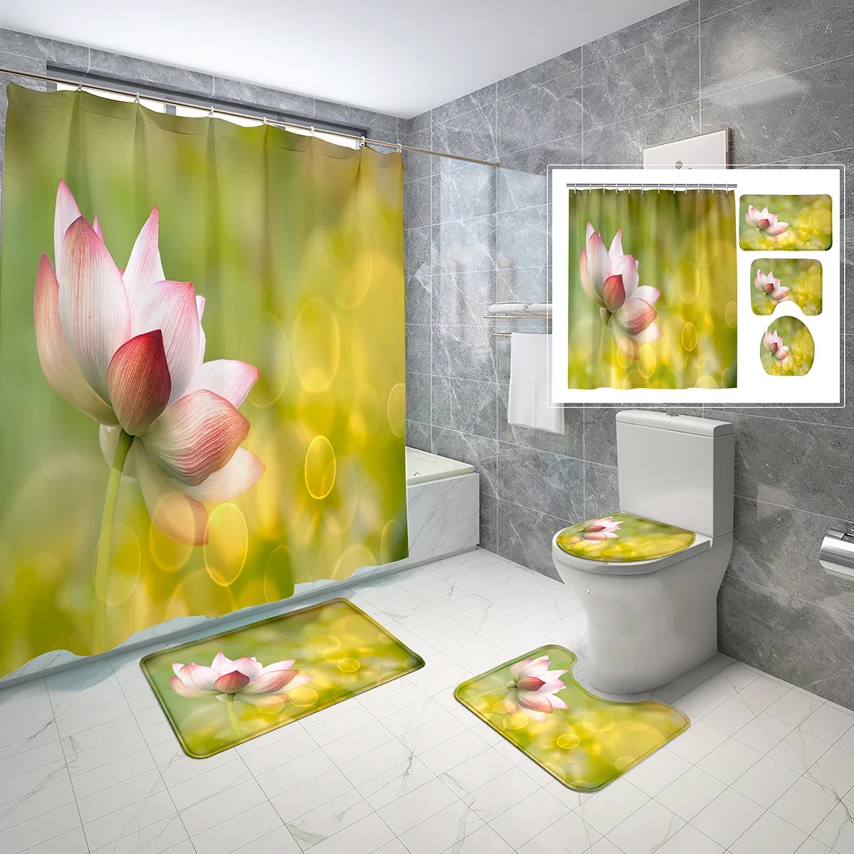 Lotus Shower Curtain Sets 4 Pcs with Non-Slip Rugs Mat Toilet Lid Modern Simple Elegant Flowers Waterproof Shower Curtain Set