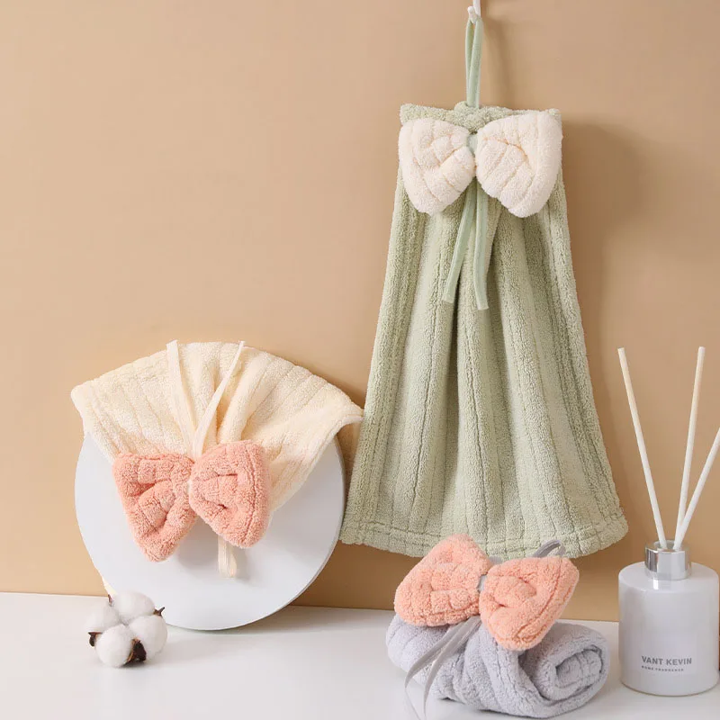 Kitchen Towel Bow Knot Adult  Children's Bathroom Wiping Hands Absorbing Water Cute Coral Velvet Wiping Towel Hanging Style