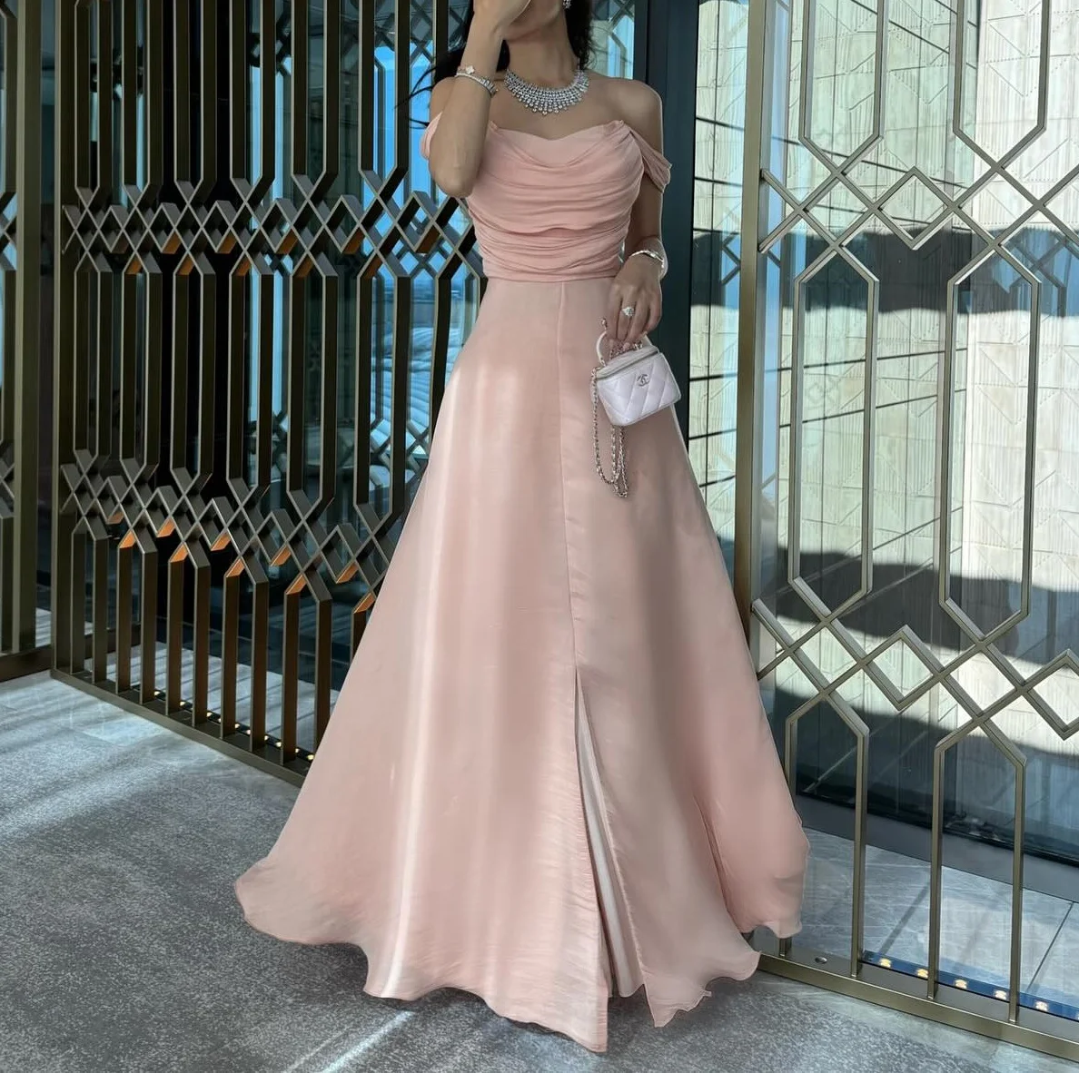 

ROSELLA Pink Off Shoulder Evening Dresses Plwated Ankle Length A-Line Formal Occasions Dress with Front Slit New 2024