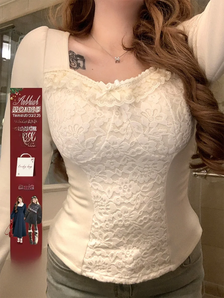 

Двусторонний вязаный женский топ Long Sve Annie Not Fire Snow Neer, кружевной лоскутный трикотаж с застежкой на талии