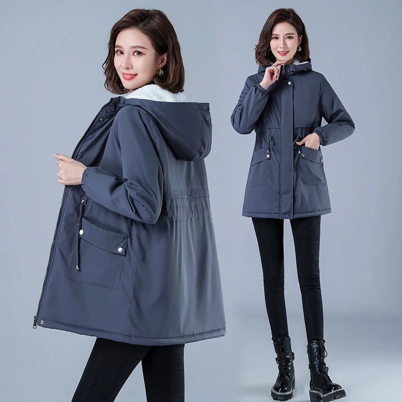 Winter Jacket Cotton Warm Puffer Coat Women Casual Parkas With Lining Plush hooded trench Outwear Women\'s Clothes