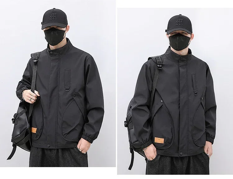 Men's Jacket Spring and Autumn Solid Color  Large  Pocket 3D Cut Stand Up Collar Outdoor Travel and Hiking Coat Men's Clothing