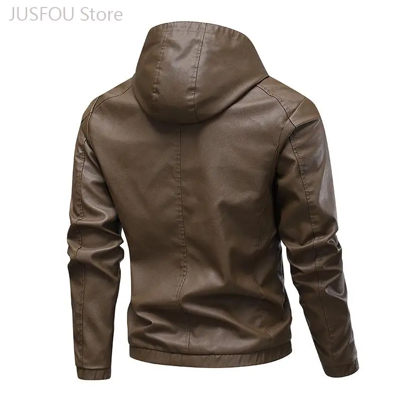 Men American Vintage Faux Leather Hooded Jacket Long Sleeve Locomotive Coat Windproof Trend Personality Outerwear Autumn Winter