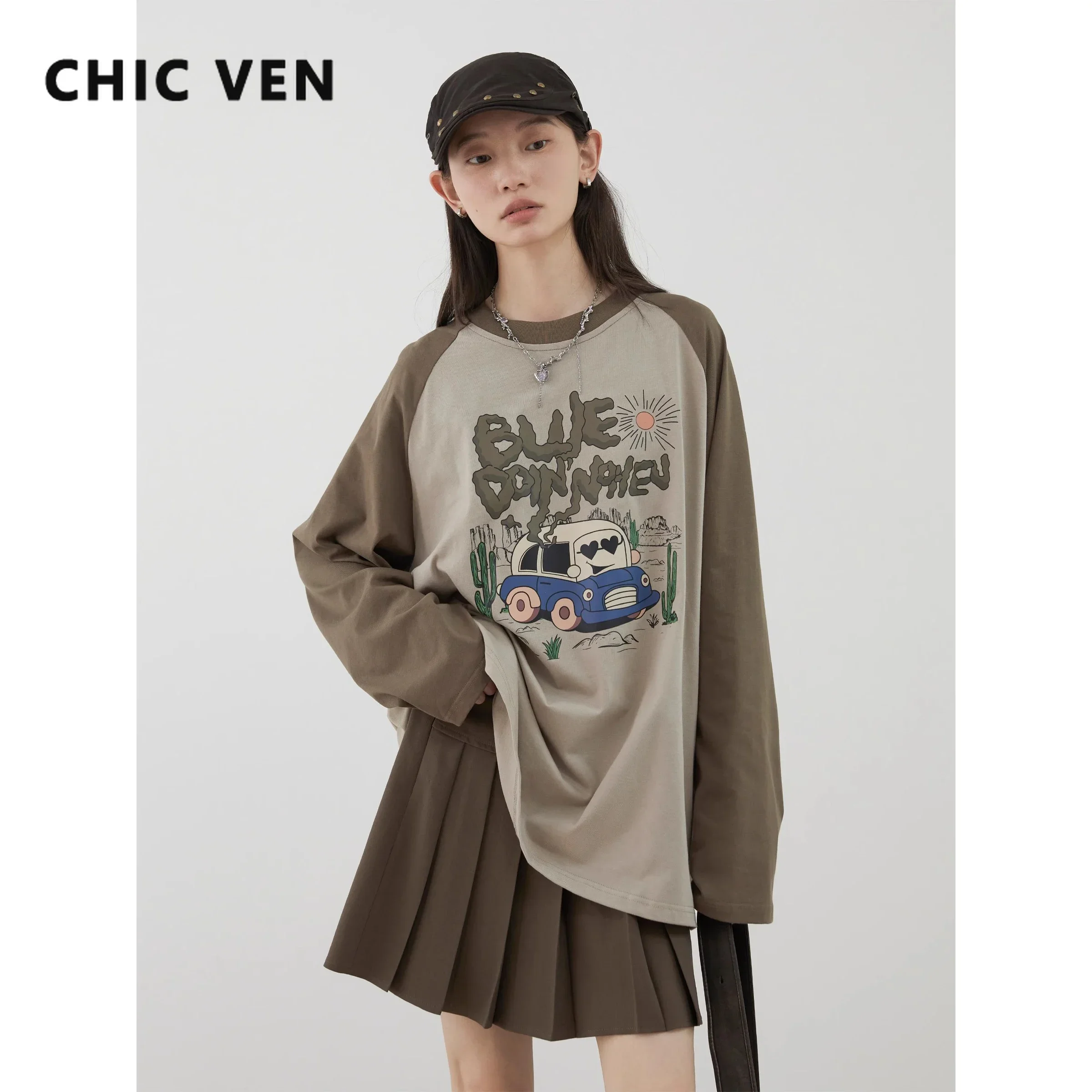 CHIC VEN Women T-shirt Loose Long Sleeved New O Neck Tees Raglan Sleeves Cartoon Printed Female Tops Autumn Winter 2024