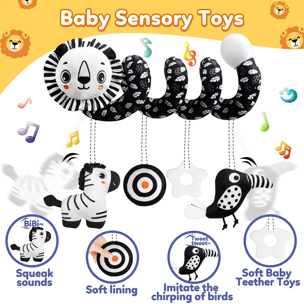 Baby Carseat Toy Black & White Lion Koala sonaglio spirale Hanging Activity passeggino giocattolo per neonati culla Mobile giocattolo sensoriale regali