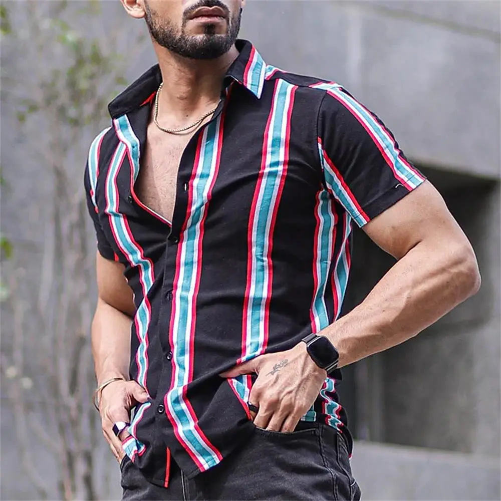 Hawaiian Shirts For Men Vintage Summer Shirt Striped Short Sleeve Oversized Street Mens Designer Clothes Camisas De Hombre