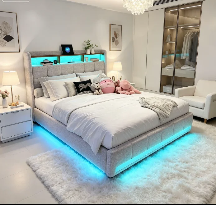Polsterbett 180 x 200 cm, LED-Doppelbett mit 4 Schubladen und Lattenrost, Kopfteil mit Stauraum und USB, Funktionsbett, Stauraumbetten, Jugendbett, Rückenlehne, Bettgestell, Leinen, Grau