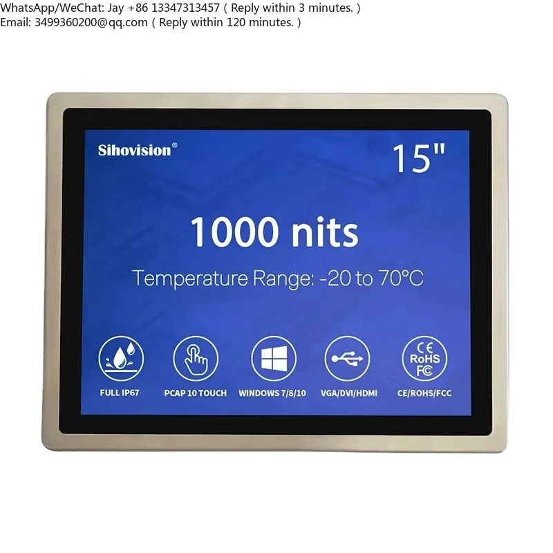 

1000 Nits IP65 Waterproof 316 Stainless Steel Enclosure 15" Rugged Industrial LCD Monitor