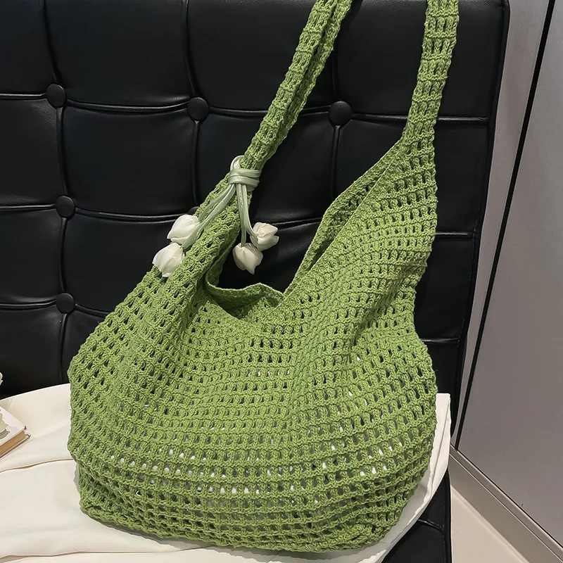 Новая летняя повседневная большая вместительная сумка из хлопчатобумажной нити, полая соломенная тканая сумка, сумка на плечо в ленивом стиле, пляжная сумка, женская сумка