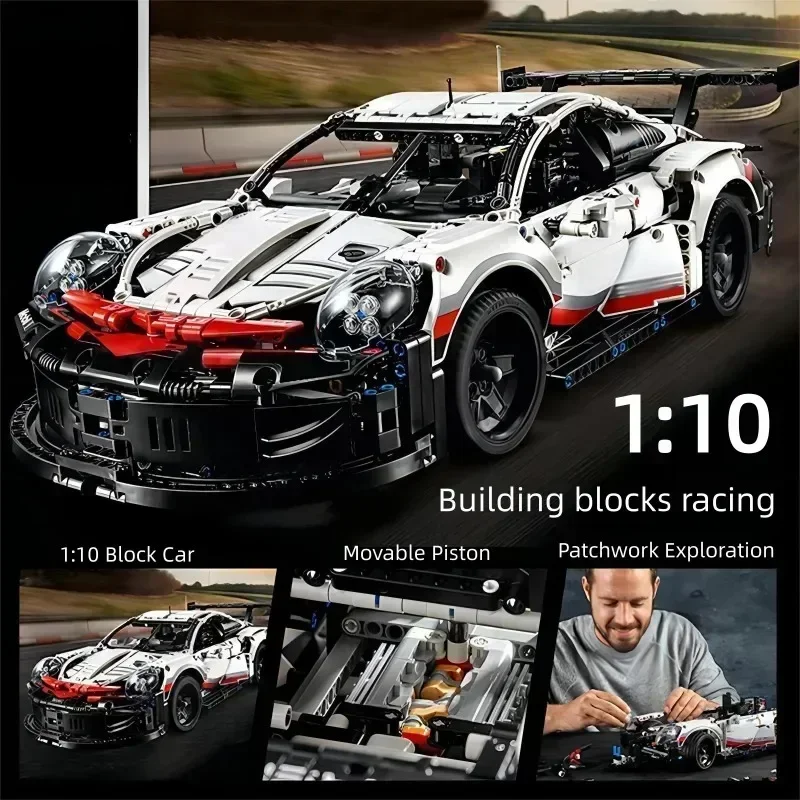 1600+Pcs 1:10 Technic 911RSR Building Blocks Compatible 42096 Electric Rc Sport Car Model Kit with Lights DIY Birthday Toy Gifts