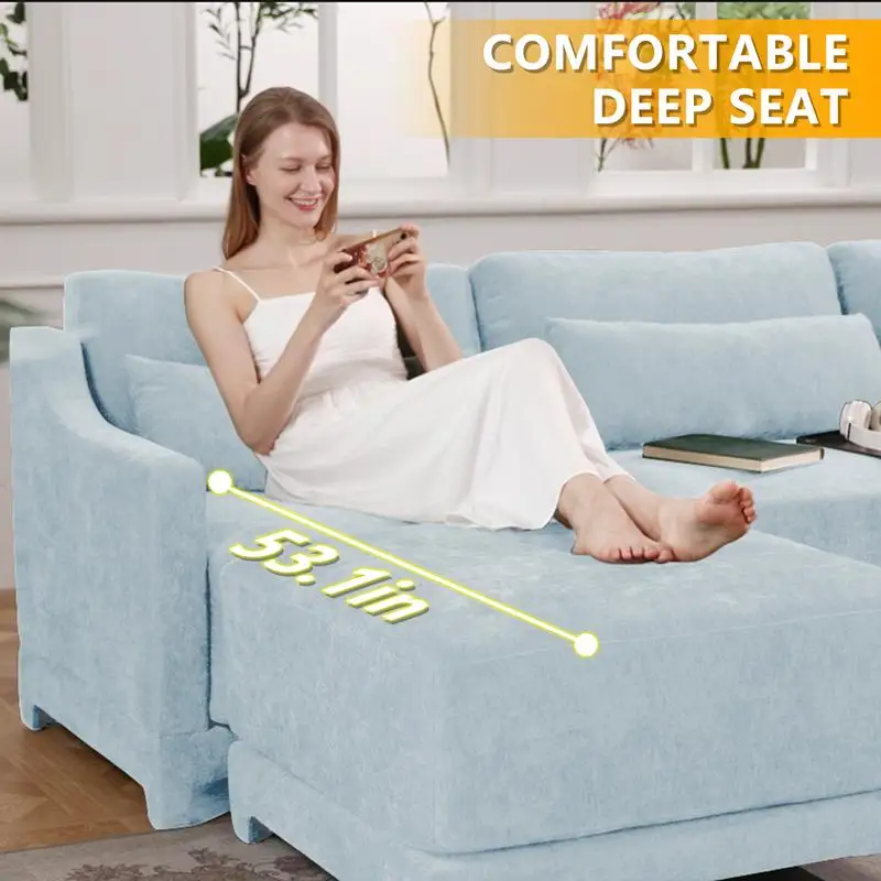 أريكة من قماش الشنيل باللون الأزرق السماوي مع 3 مقاعد مع 3 عثمانيين متحرك، تصميم مريح، رغوة عالية المرونة، وسادة قطنية، سهلة #5