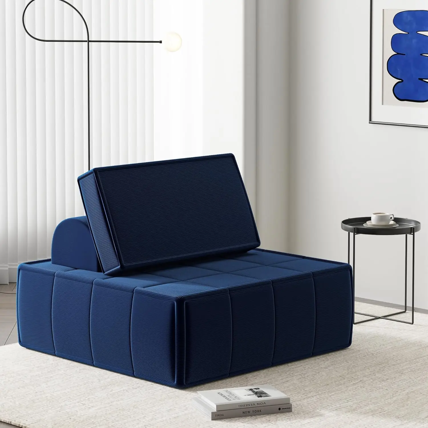 Modular Sectional Sofa Sleeper, Adjustable Backrest, Corduroy Fabric, No Assembly, Blue for Small Spaces