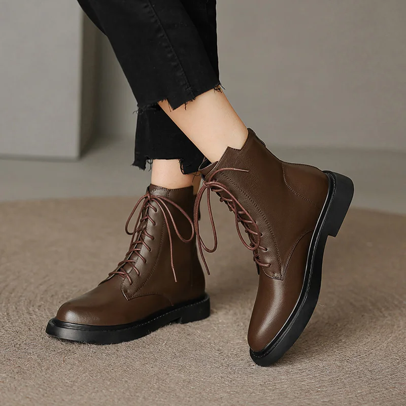 Women Ankle Boots Genuine Leather Autumn Winter Black Brown Lady Lace Up Short Boots Low Square Heel Round Toe Back Zipper Shoes