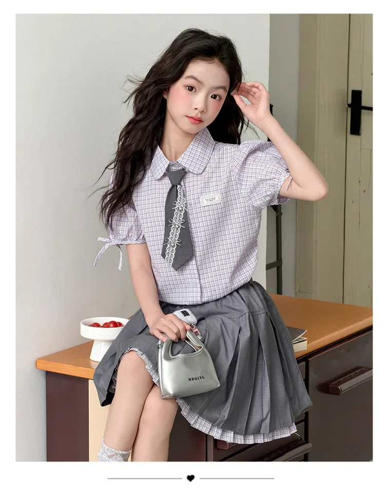 

Новые подростковые костюмы в стиле преппи 2026 года, модные комплекты из 2 предметов для девочек, блузка + юбка, размеры 5-12 лет