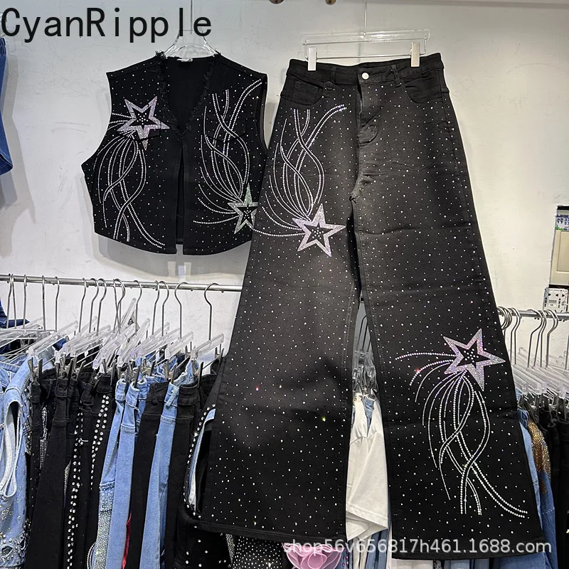 

Модные женские черные джинсовые комплекты, жилеты без рукавов с v-образным вырезом и бриллиантами, пальто + универсальные широкие джинсы длиной до пола с высокой талией