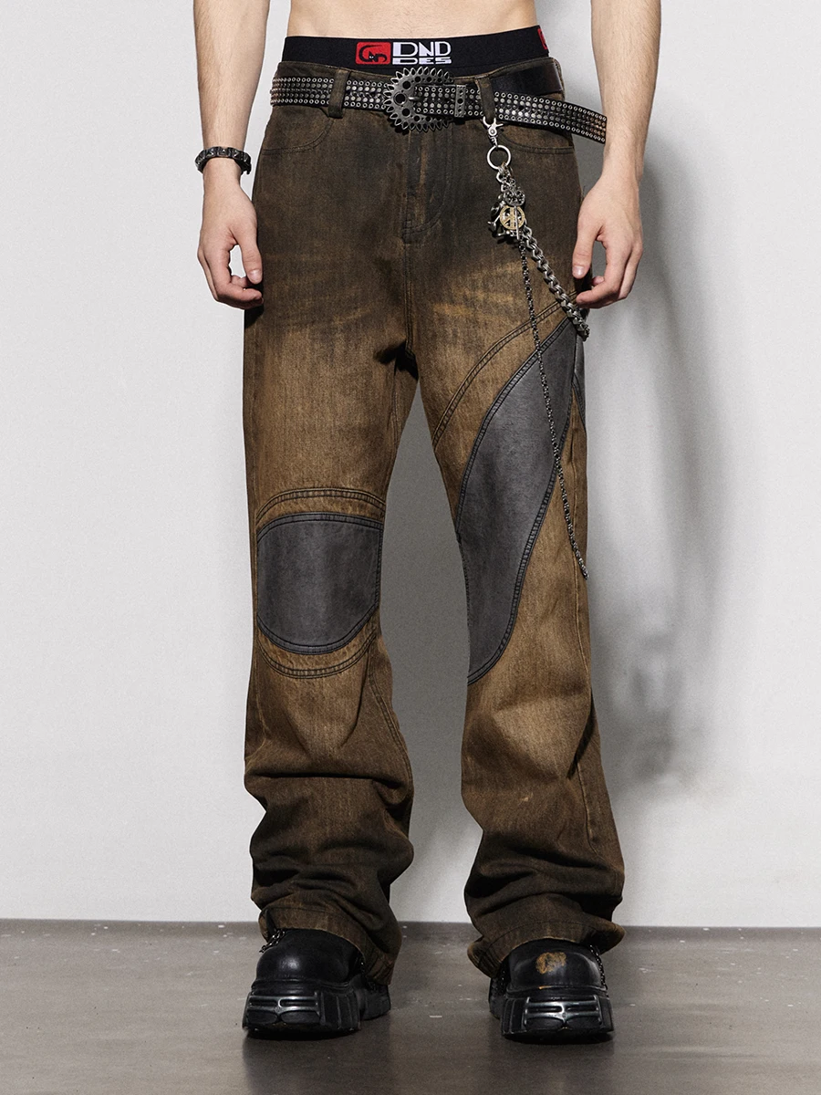 

Wasteland Style Design Deconstruction Stitching Heavy-Duty Washed Distressed Dirty Dyed Jeans Straight Slightly Rough