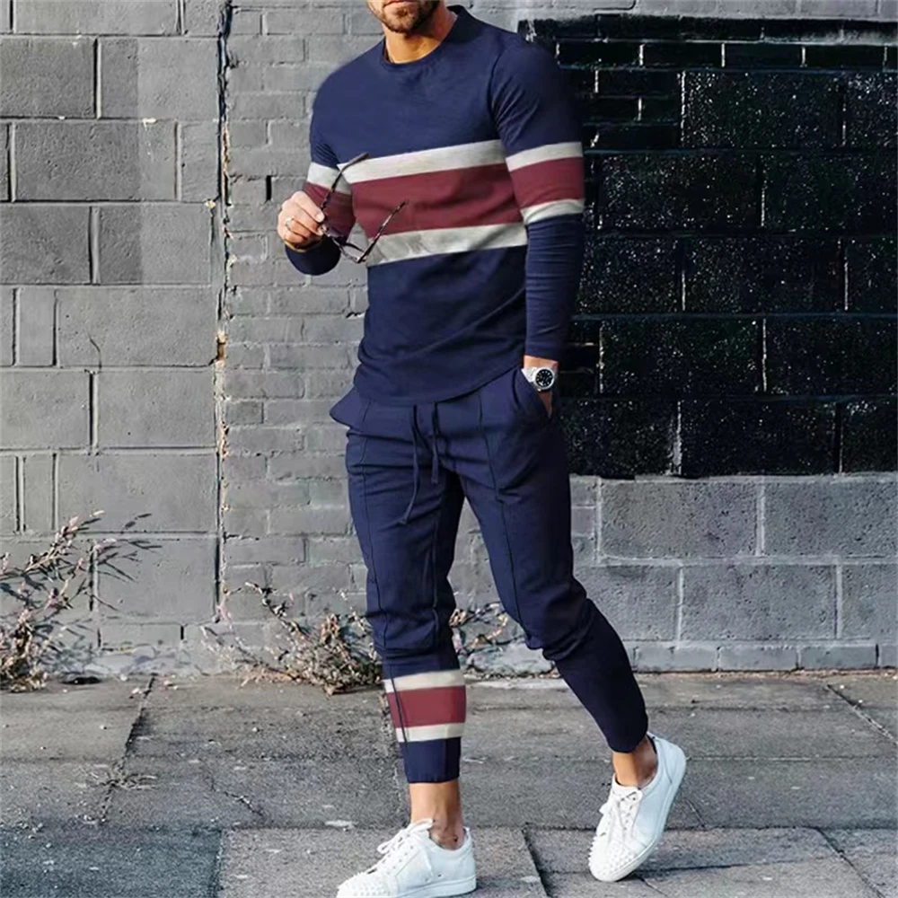 Men Vintage Tracksuit Casual Long Sleeve T-Shirt+Pants Suit two-Piece Set Man Clothing Spring And Autumn Street Sportswear