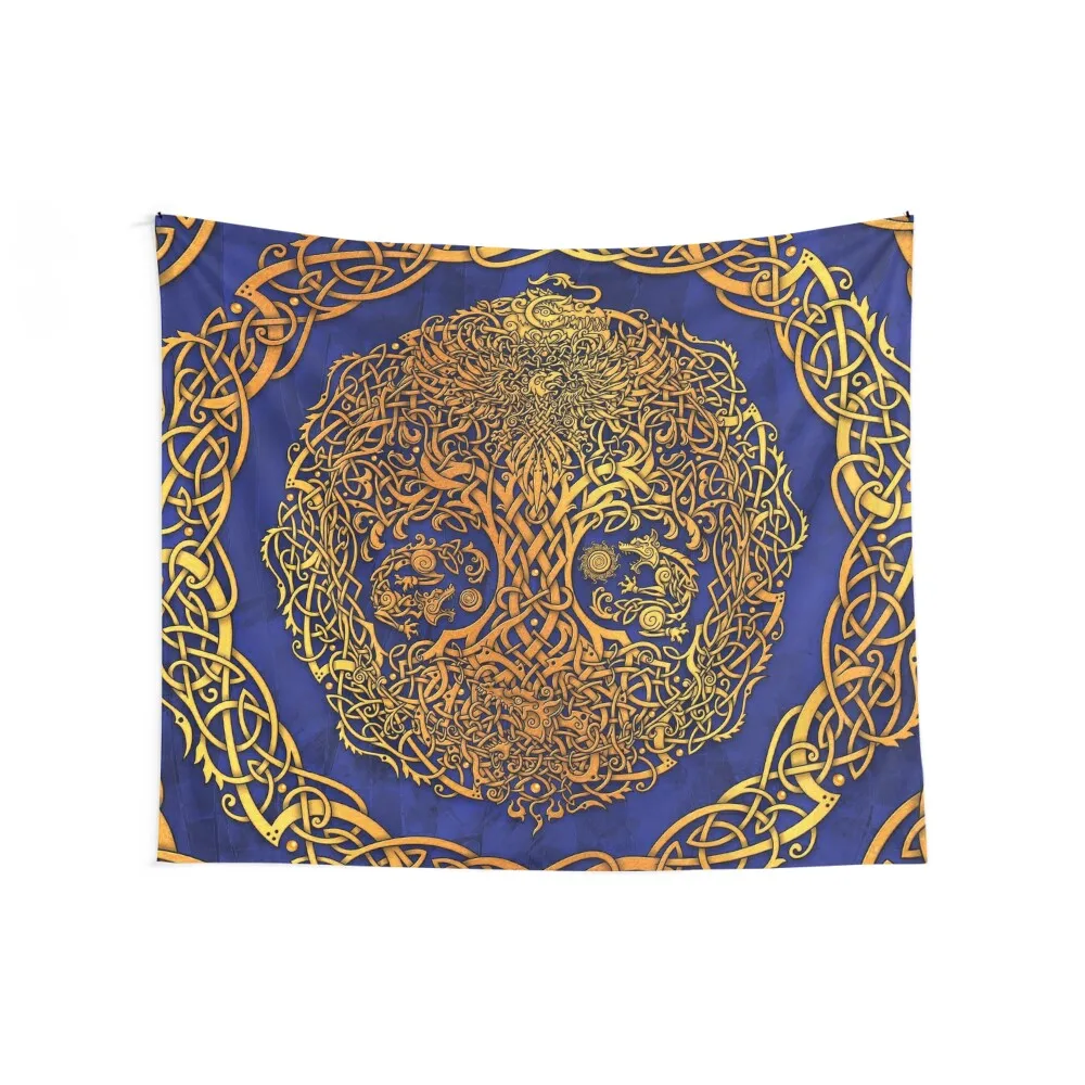 Gold Yggdrasil, Viking Tree of Life - Blue Tapestry Home Decorations Cute Room Decor Outdoor Decoration Tapestry