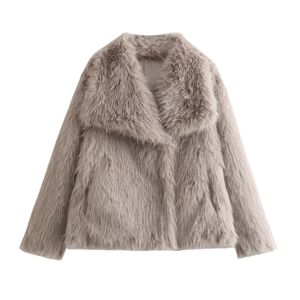 Kar&Otza New autumn and winter artificial fur effect short jacket with lapel long sleeved button closure for casual wear