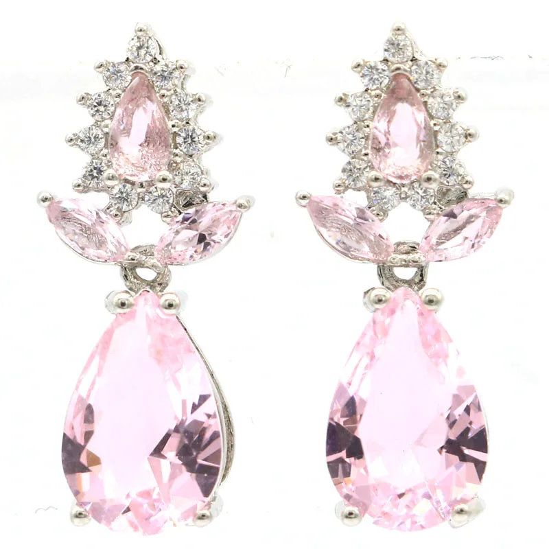 Buy 3 Get 1 Free 18x8mm Gorgeous Pink Kunzite White CZ Woman's Gift Jewelry Making Silver Earrings