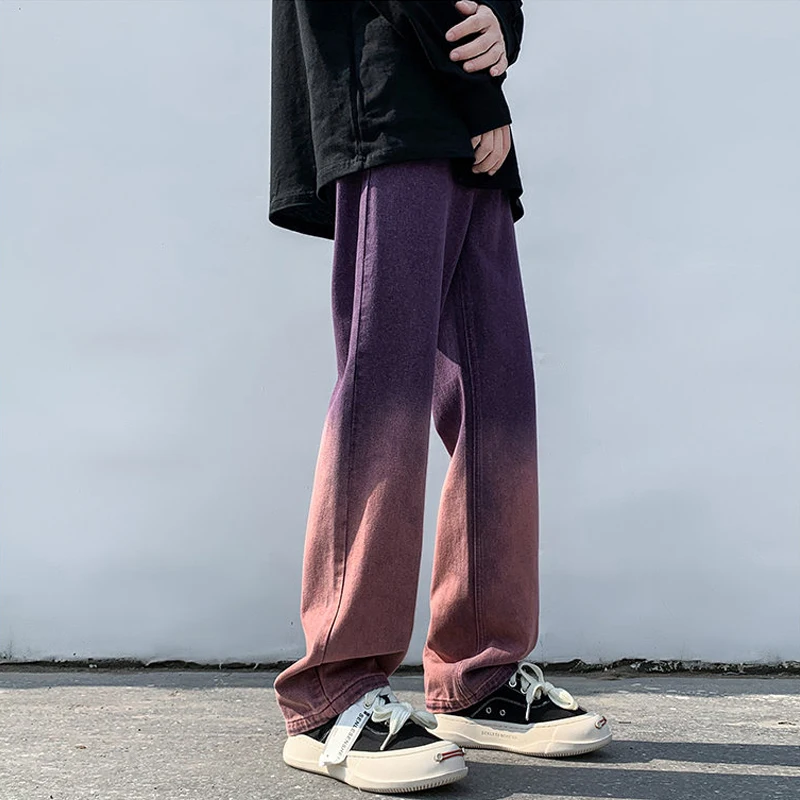 

American Hiphop Tie Dye adient Purple Jeans Men's Loose Straight Leg Trousers Youth Trendy Brand High Street Design Sense