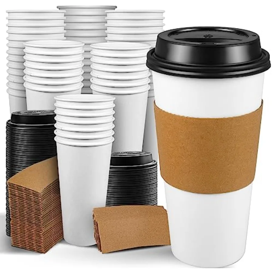 

100 Pack Disposable Paper Coffee Cups with Lids and Sleeves, To Go Hot Coffee Cups for Hot Chocolate, Cocoa, Tea and Drinks