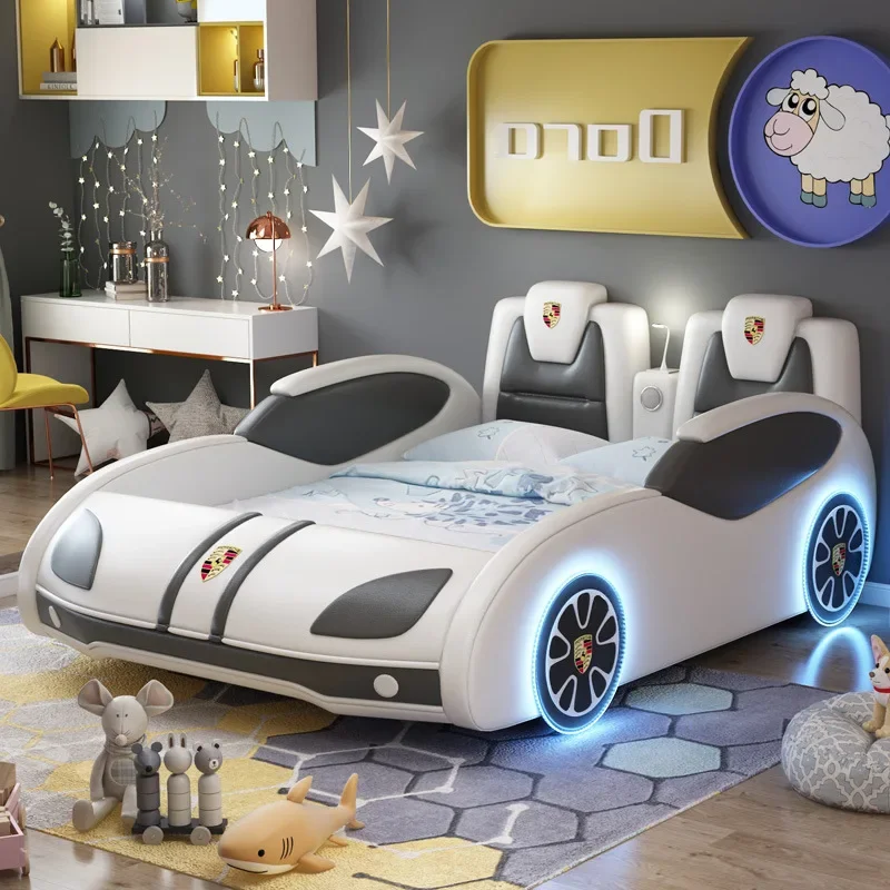 Children's furniture Boys car bed Blue creative solid wood bed Single bed Racing double