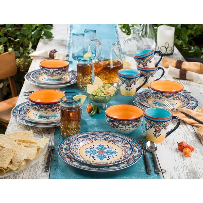 Zanzibar Collection 16 Piece Dinnerware Set Kitchen and Dining, Service for 4, Spanish Floral Design, Multicolor,Blue and Yellow
