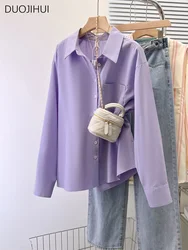 DUOJIHUI-Camisa de manga larga para mujer, camisa básica con cuello tipo Polo, holgada, de Color morado puro, a la moda, para Primavera, S-XL