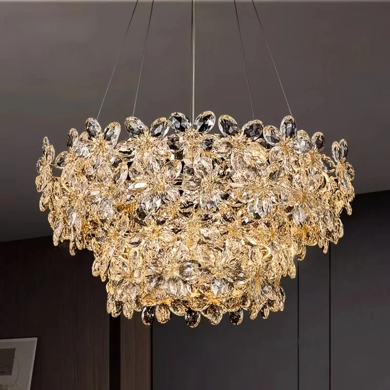 

Luxury Crystal Flowers Chandelier Round Pendant Light For Villa Hotel Hall Living Room Restaurant Indoor Decoration Hanging Lamp