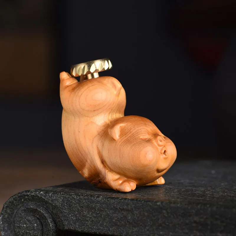Hand Carved Natural Thuja Wood Cute Flying Pig Backflow Incense Burner Zodiac Pig Figurine Home Desktop Decor Art Craft Collecti