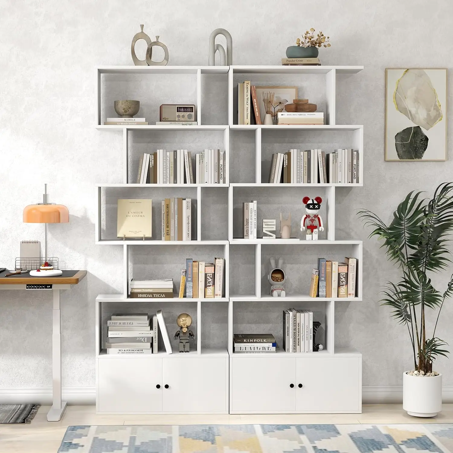 72 Inch Geometric Bookcase Cabinet 6-Tier Freestanding Room Divider S-Shaped Display Shelf Bedroom Storage Doors, Customized