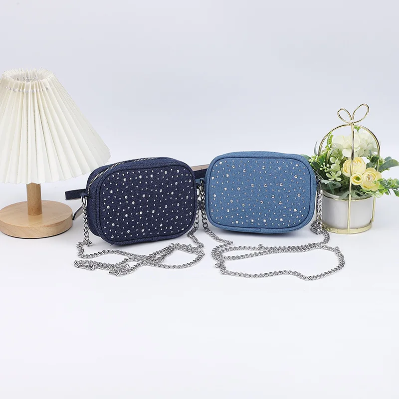 2023 Fashion Denim Belt Bags for Women High Quality Diamond Embedding Waistpack Cute Purse Chest Bag Chain Shoulder Bag