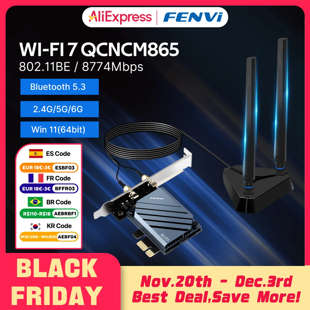 FENVI WI-FI 7 QCNCM865 PCIE Wifi Adapter Bluetooth 5.3 WiFi 7 do 5.8Gbps Tri-band z kartą bezprzewodową Qualcomm dla Windows 11