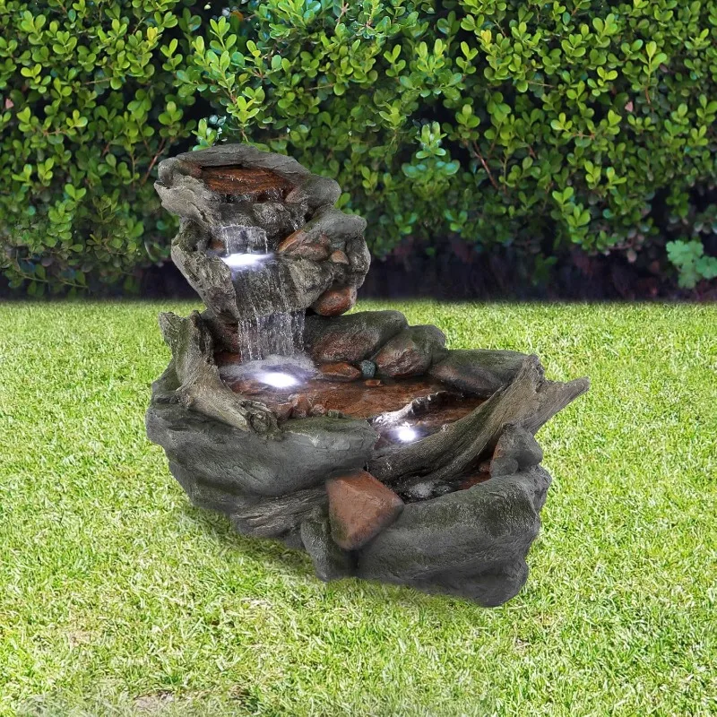 

Outdoor Three-Tier Rainforest Rock River Water Hand-Painted Fountain with LED Lights