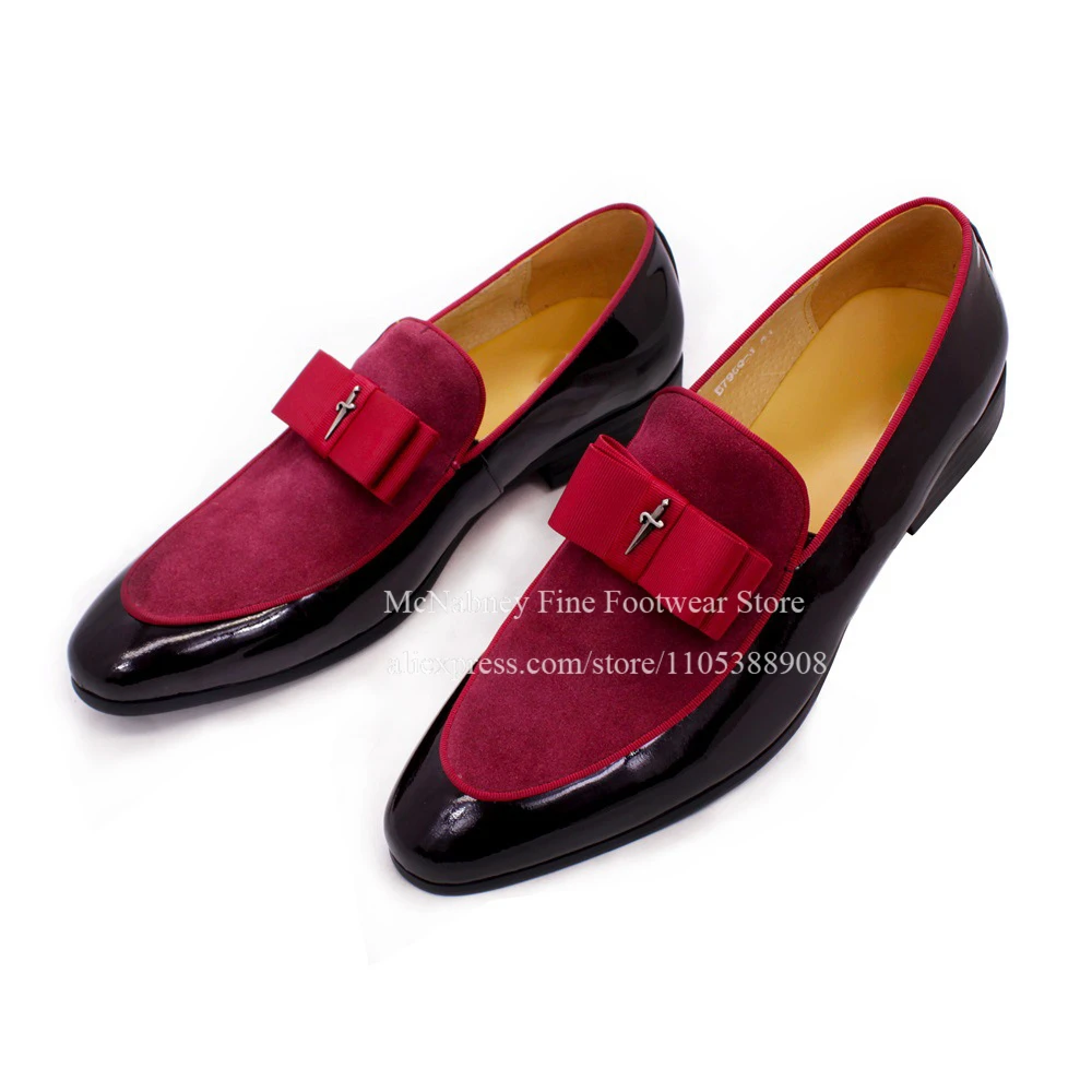 Luxury Suede and Patent Leather Bow Loafers Men's Fashionable Slip on Formal Shoes Business Wedding Party Dress Shoes for Men