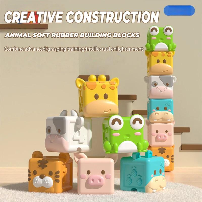 

Creative Cartoon Animal Soft Rubber Building Blocks Stacking Toys for Baby Press Can Sound 3D Cube Early Educational Toys Gifts
