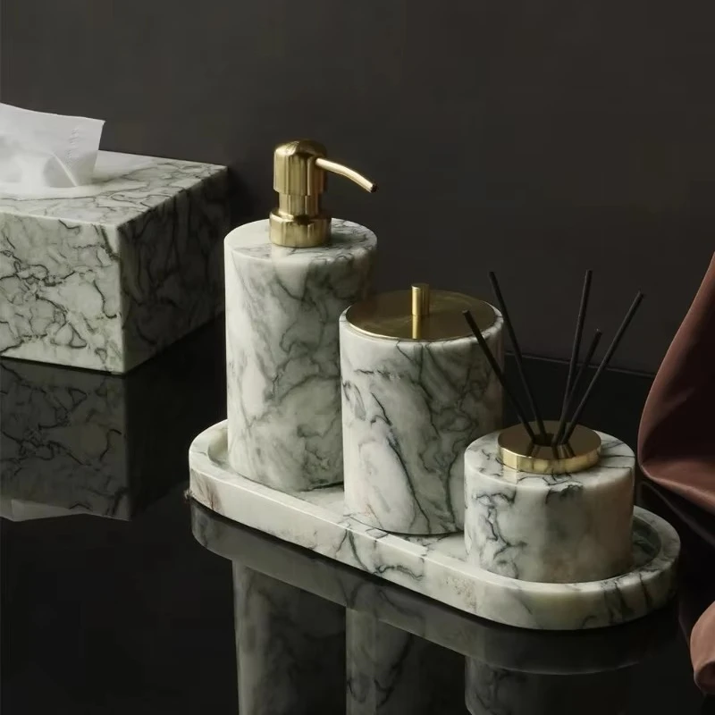 Cold Emerald Natural Marble Bathroom Set Luxury Stone Soap Cotton Swabs Jar Reed Diffuser Vanity Tray Bathroom Accessories Set
