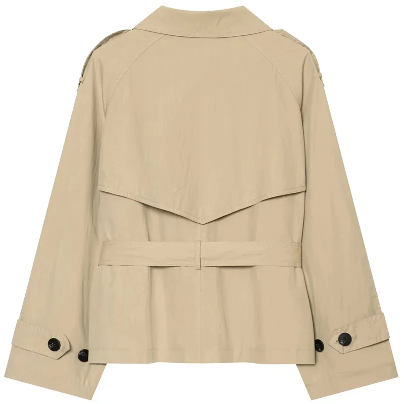 HXAO Crop Khaki-Jacke, Damenjacke, Herbst, Langarm, Schulterpolster, doppelreihig, mit Gürtel, kurzer Trenchcoat, modische Oberbekleidung – Detail 5