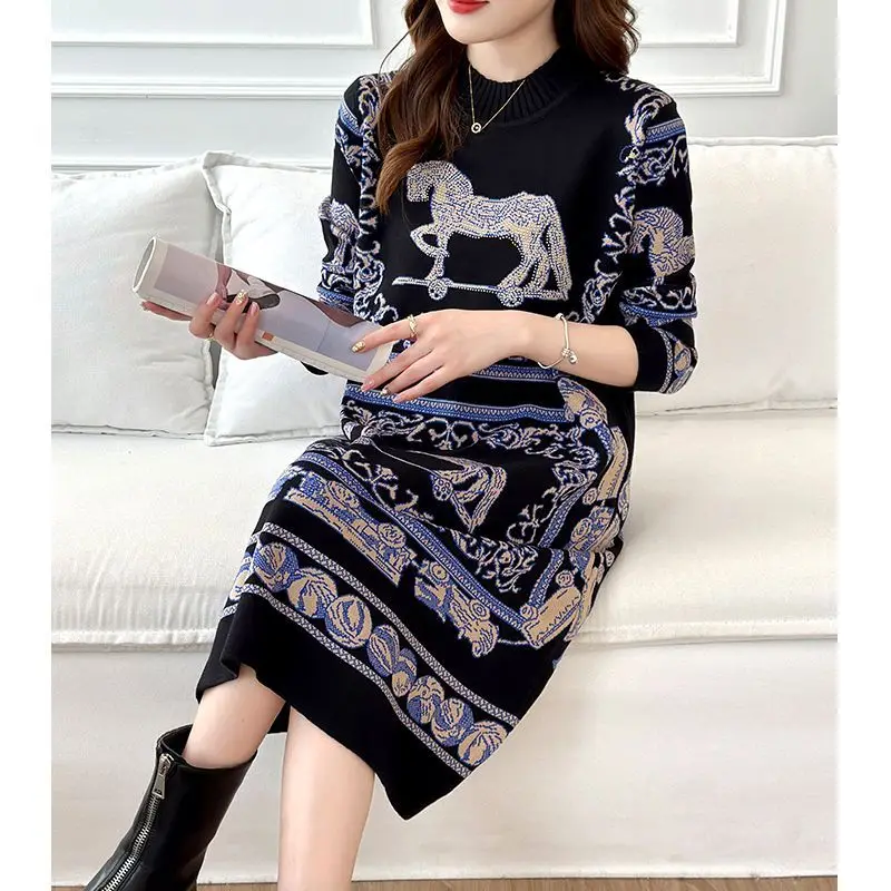 Vestidos de punto de tejido Jacquard para mujer, manga larga, vestido inferior femenino hasta la rodilla, negro, alta calidad, nueva moda, 2024