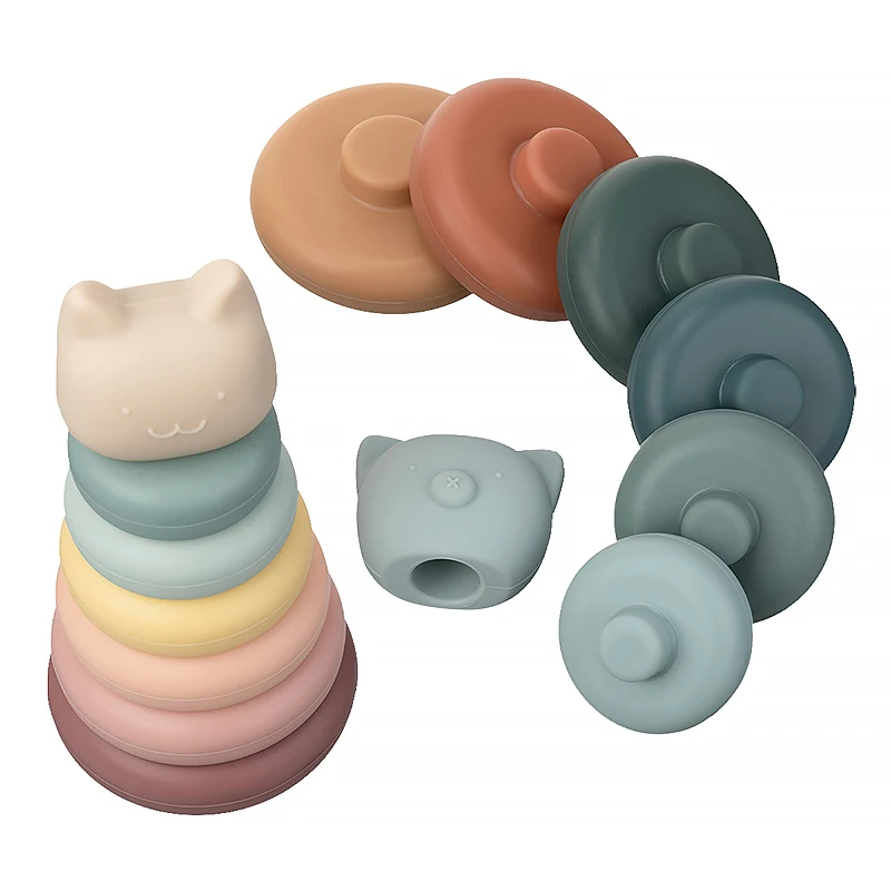 7pcs/set Baby Toy Building Blocks Silicone Stacking Blocks Round Shape Silicone Construction Toy Rubber Teethers Montessori Toy