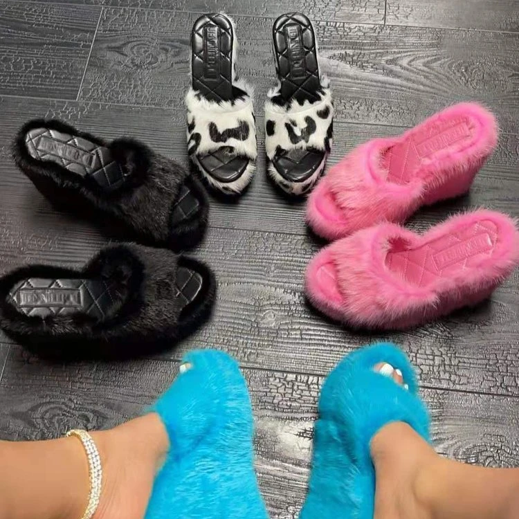 New Fur Slippers Women\'s Wedge Heel Shoes Women High-heeled Furry Drag Fashion Outdoor All-match Shoes Slippers Furry Slides