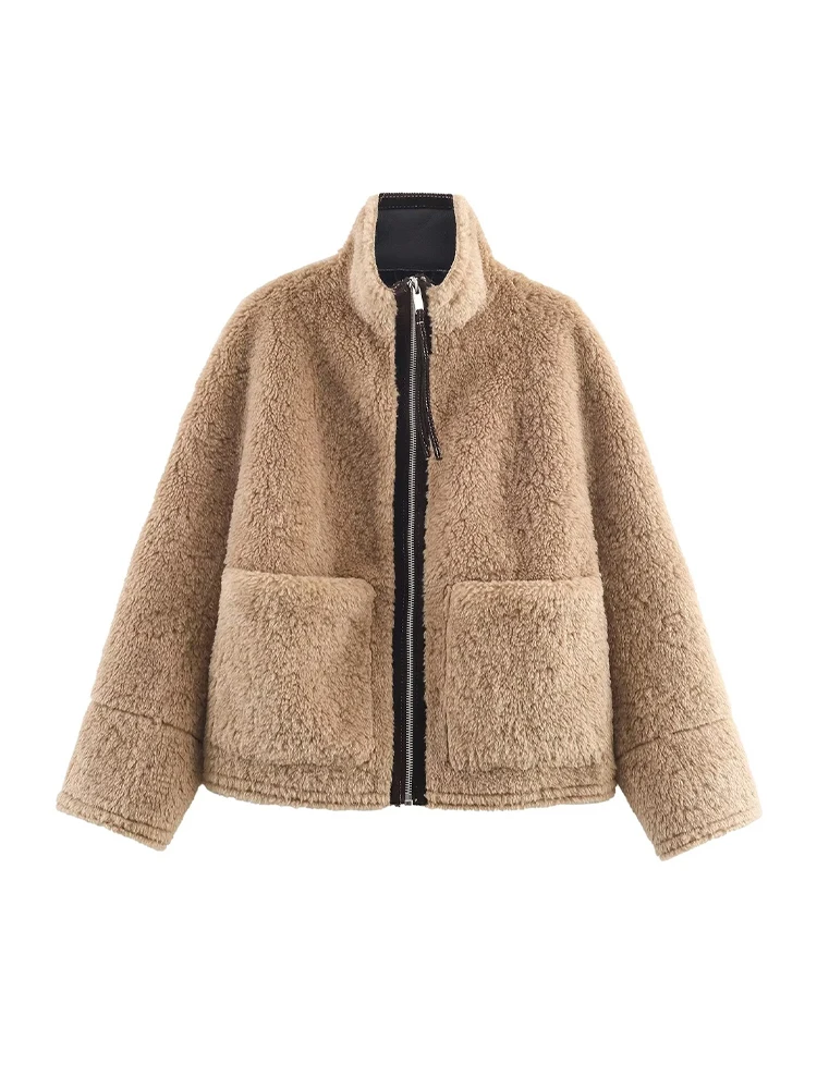 Kurtka damska HH, moda uliczna, jesienno-zimowa, ciepła, elegancka, z wysokim kołnierzem, zapinana na zamek, z kieszeniami, długie rękawy, luźna, codzienna, krótka kurtka.