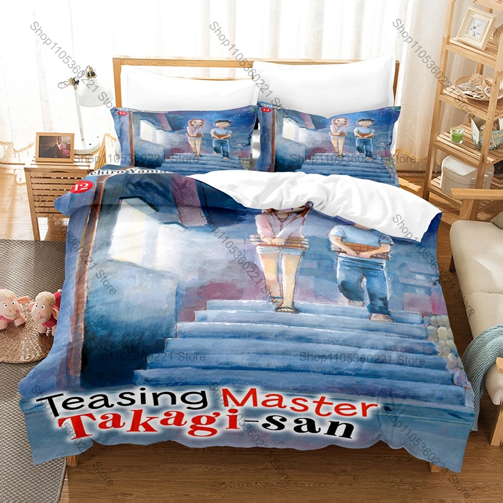 Cool Teasing Master Takagi-san 3PCS Bedding Set Cute Anime Girl Print Soft Microfiber Duvet Cover Pillowcase Bedroom Decor