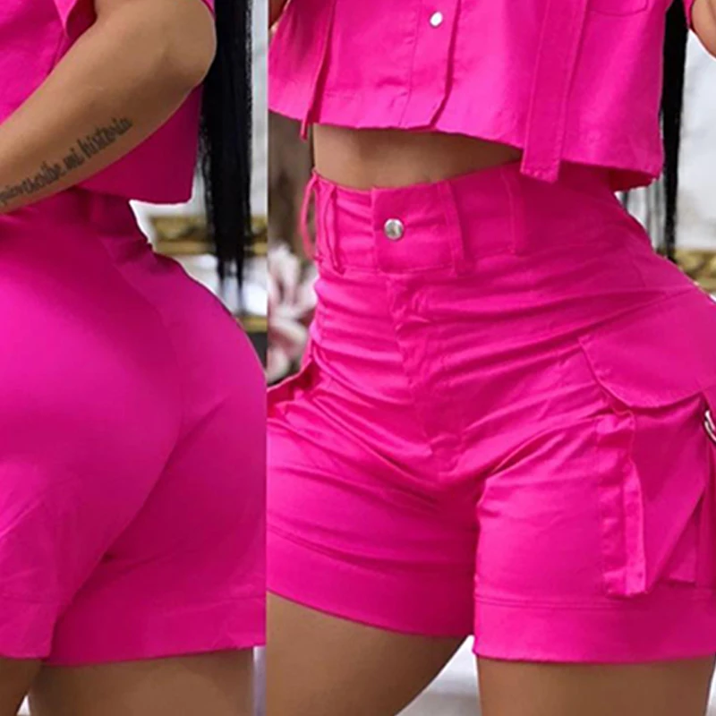 Girls Two-piece Sets Turn-down Collar Women Flap Detail Buttoned Crop Top Pocket Design Shorts Set Causal Female Top Solid Set